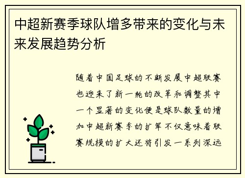 中超新赛季球队增多带来的变化与未来发展趋势分析