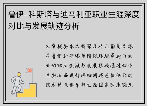 鲁伊-科斯塔与迪马利亚职业生涯深度对比与发展轨迹分析