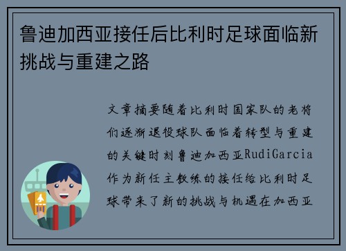 鲁迪加西亚接任后比利时足球面临新挑战与重建之路 鲁迪加西亚接任后比利时足球面临新挑战与重建之路